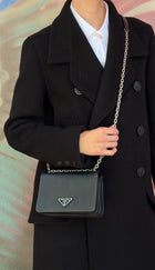 Prada Black Saffiano Leather and Nylon Tessuto Small Chain Bag