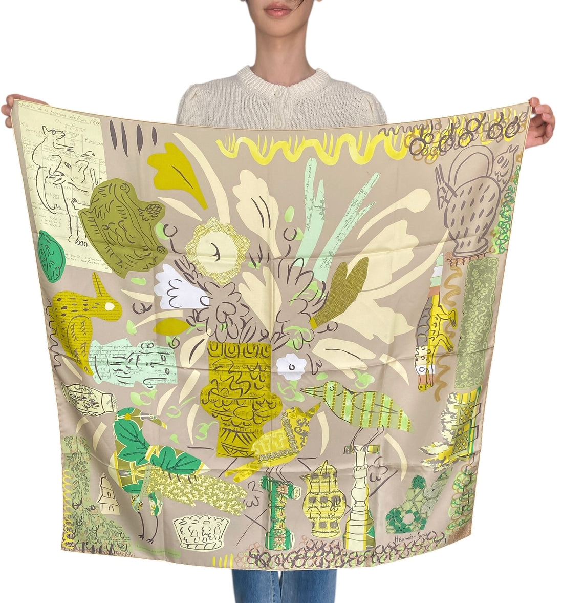 Hermes La Maison Des Oiseaux Parleurs Taupe Green Floral 90cm Silk Scarf