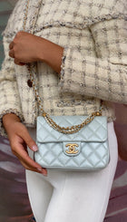Chanel 24P Quilted Pale Ice Blue Shiny Lambskin Pearl Twist Mini Square Mini Flap Bag