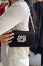 Roger Vivier Black Silver RV Bouquet Flower Strass Buckle Black Satin Bag