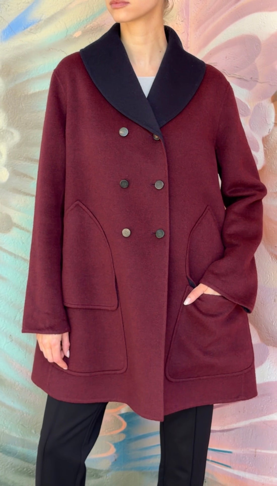 Hermes Burgundy Navy Double Faced Cashmere Shawl Collar Flare Coat - F38