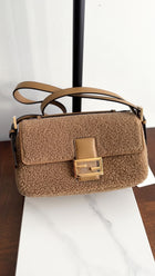 Fendi Brown Shearling Double Flap Baguette Bag