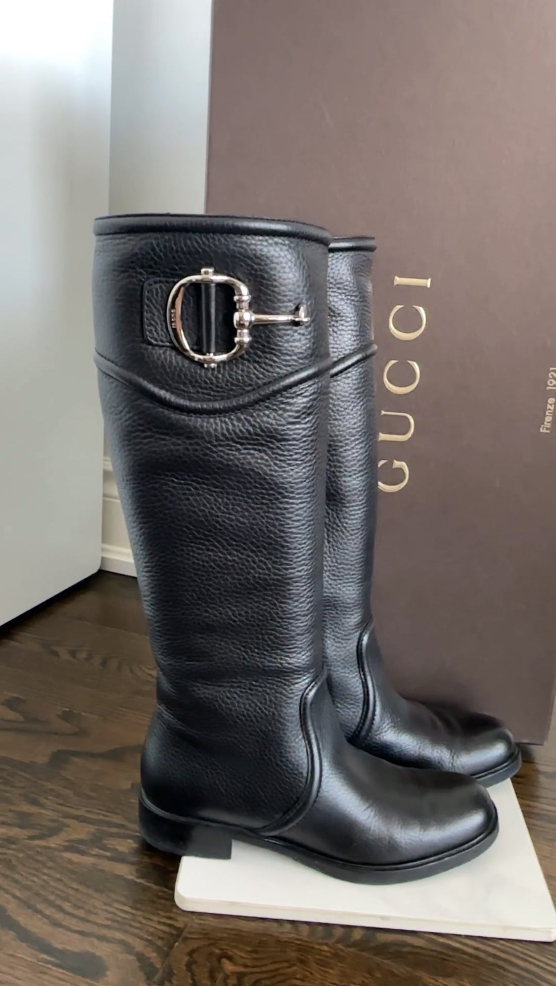 Gucci Silvertone Horsebit Black Leather Tall Riding Boot - 36.5