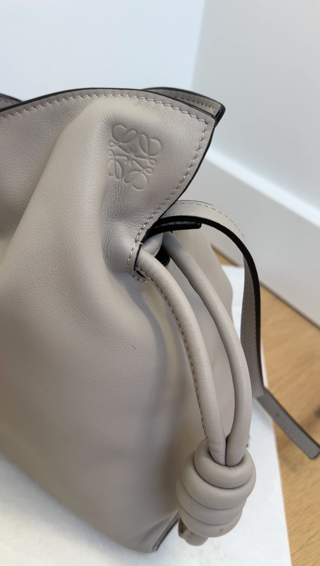 Loewe Light Grey Leather Flamenco Knot Medium Drawstring Bag
