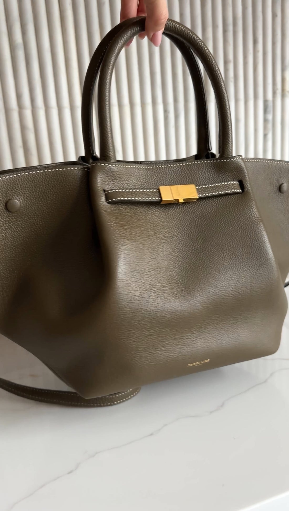 Demellier Dark Khaki  Grained Leather Midi New York Tote Bag