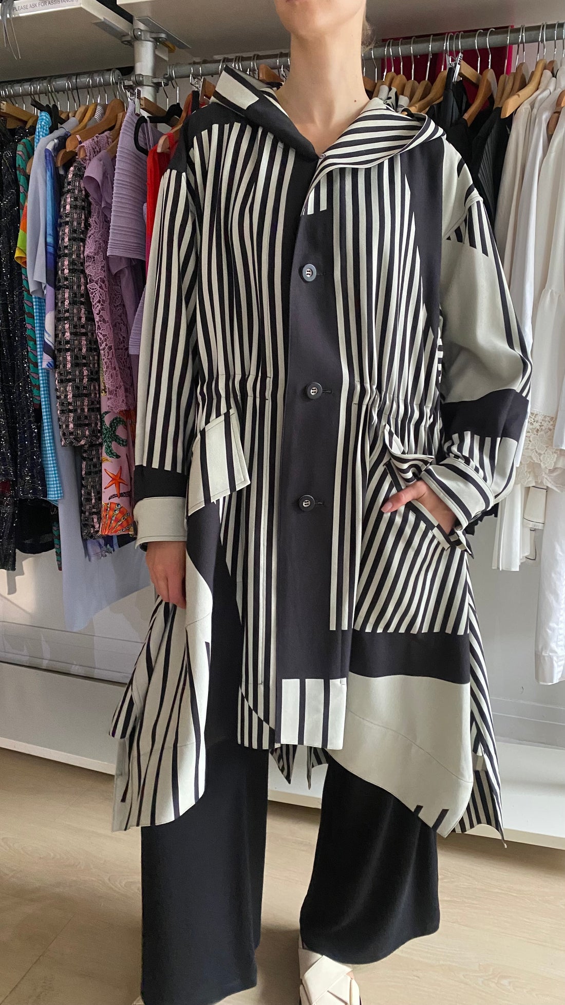 Issey Miyake Black & White Asymmetrical Striped Hooded Coat - JP 2 / M