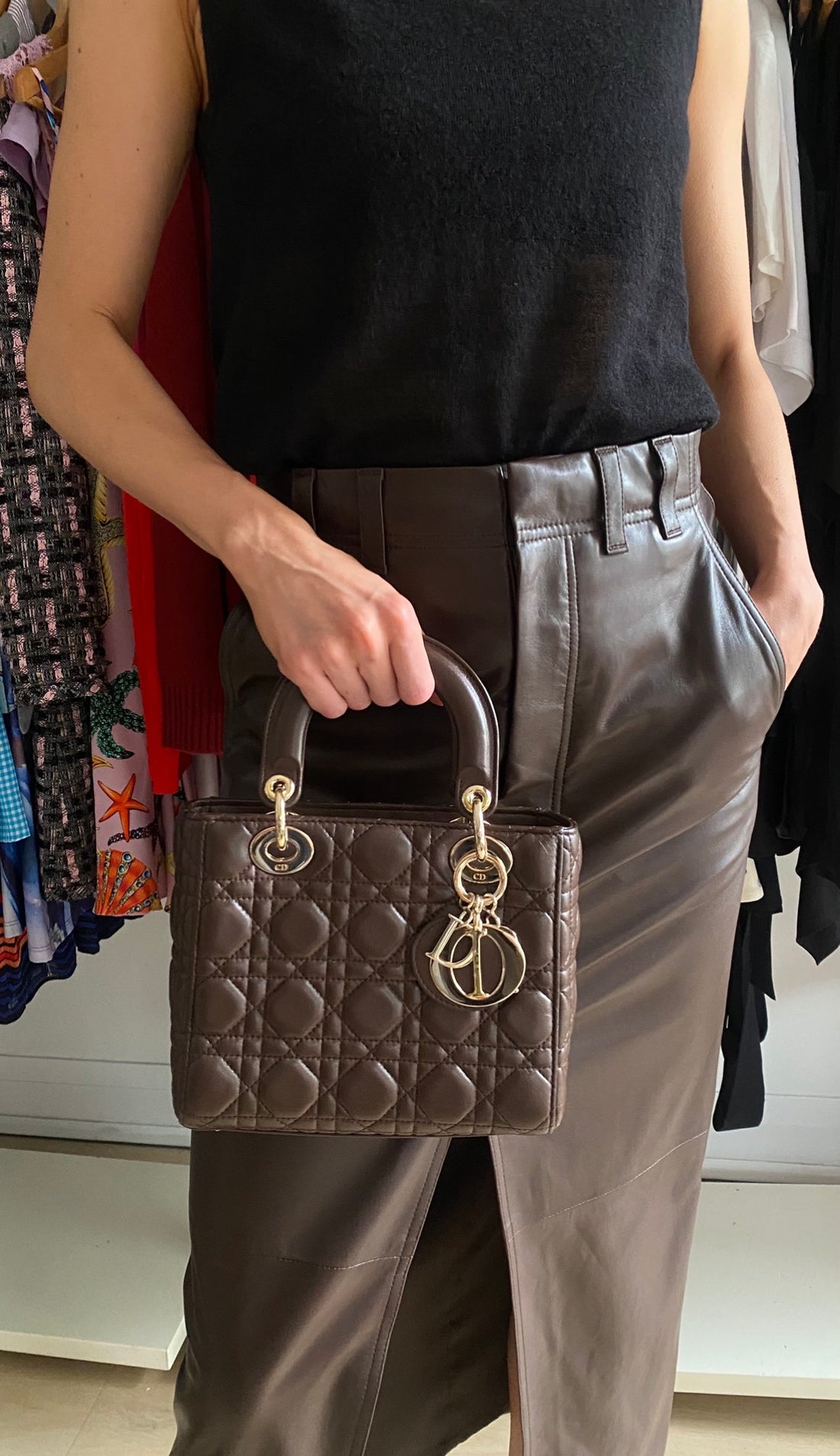 Dior Brown Cannage Quilted Leather Small Lady Dior Bag