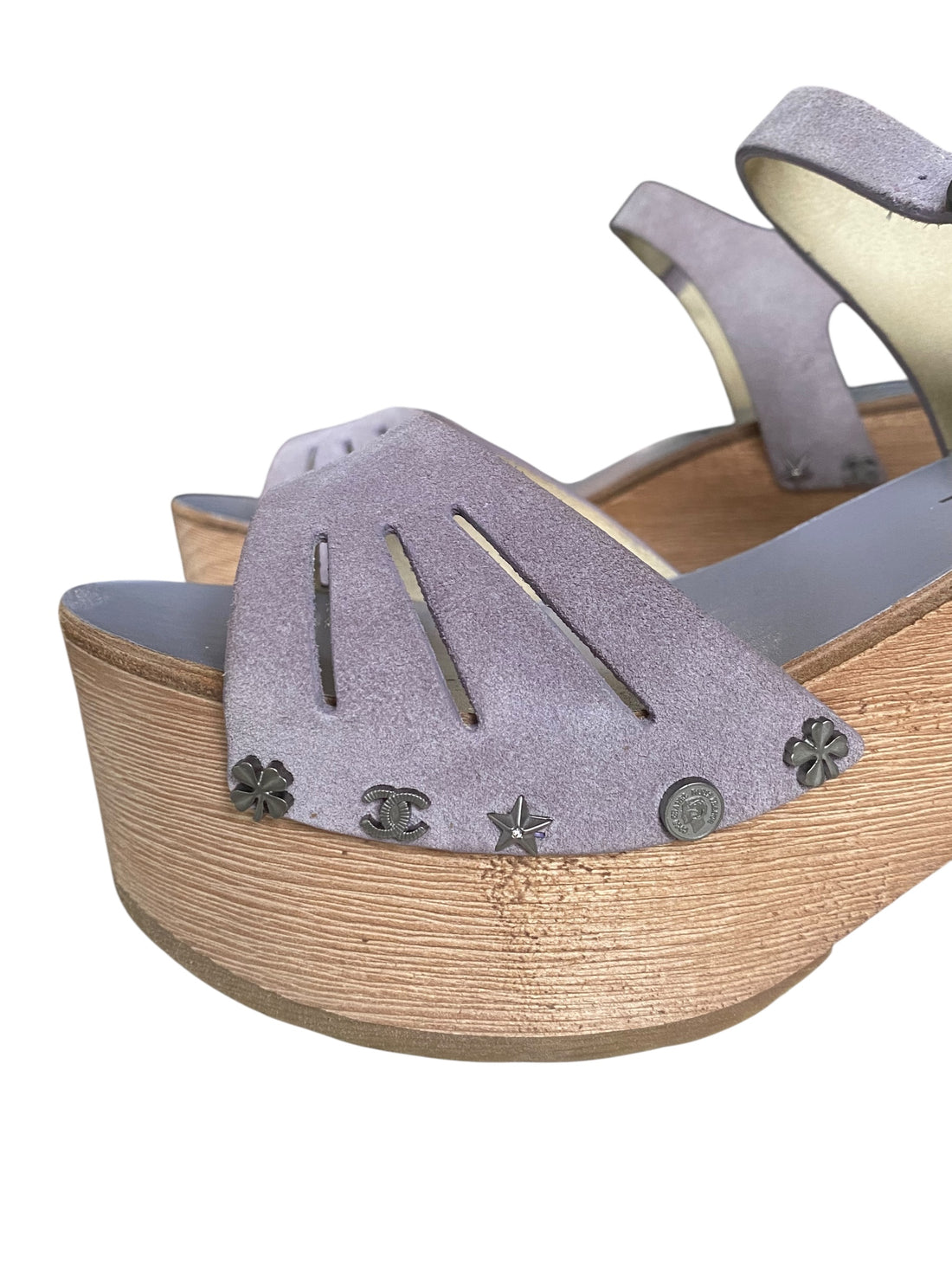 Chanel Lilac Suede Charm Studded Platform Wood Sandal - 37