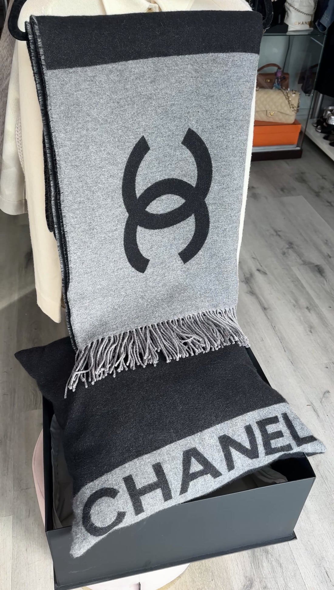 Chanel Charcoal Grey and Black Spellout Logo CC Pillow and Throw Blanket Set