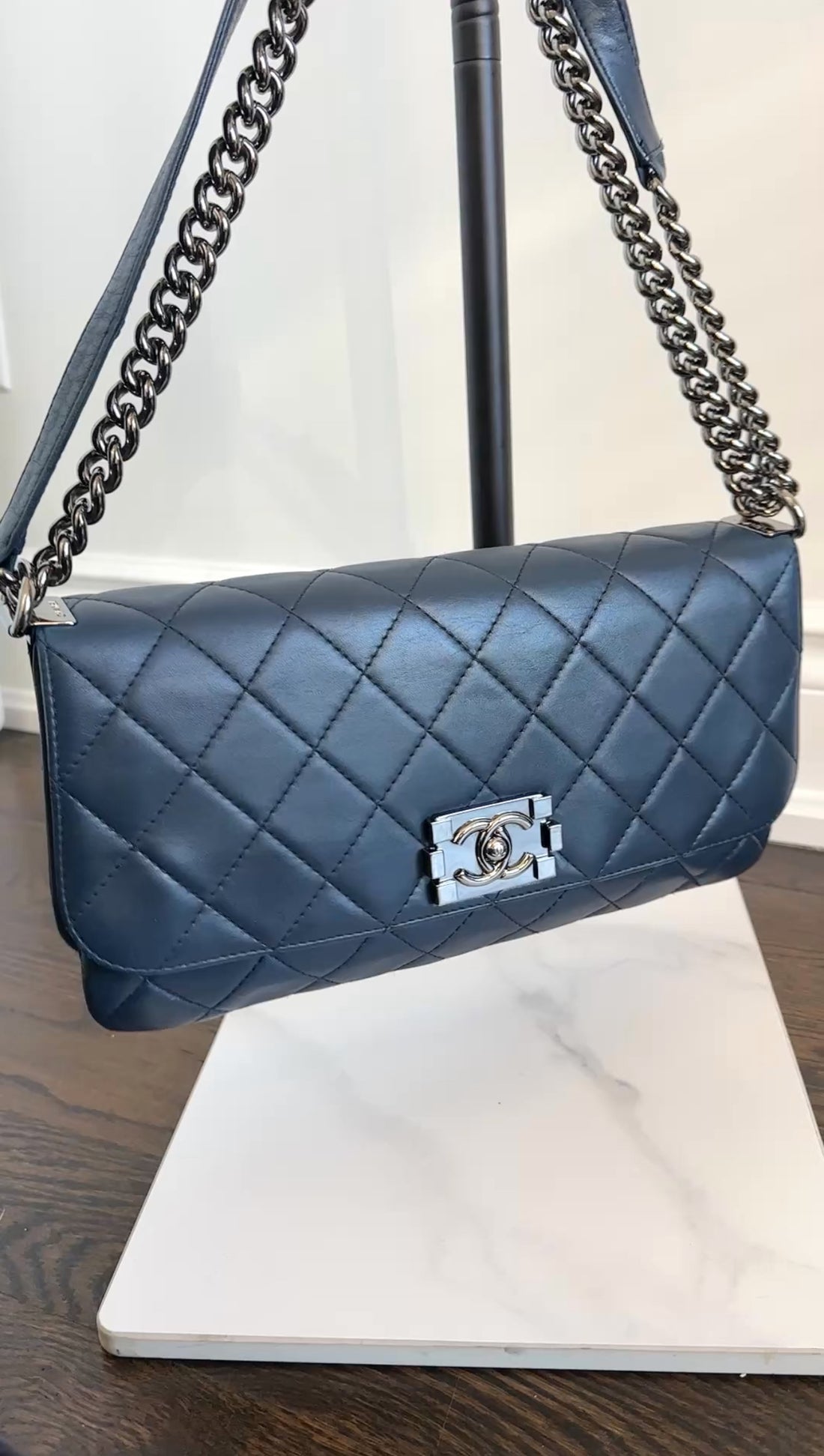 Chanel Navy Blue Quilted Leather Boy Clasp Flap Messenger Bag