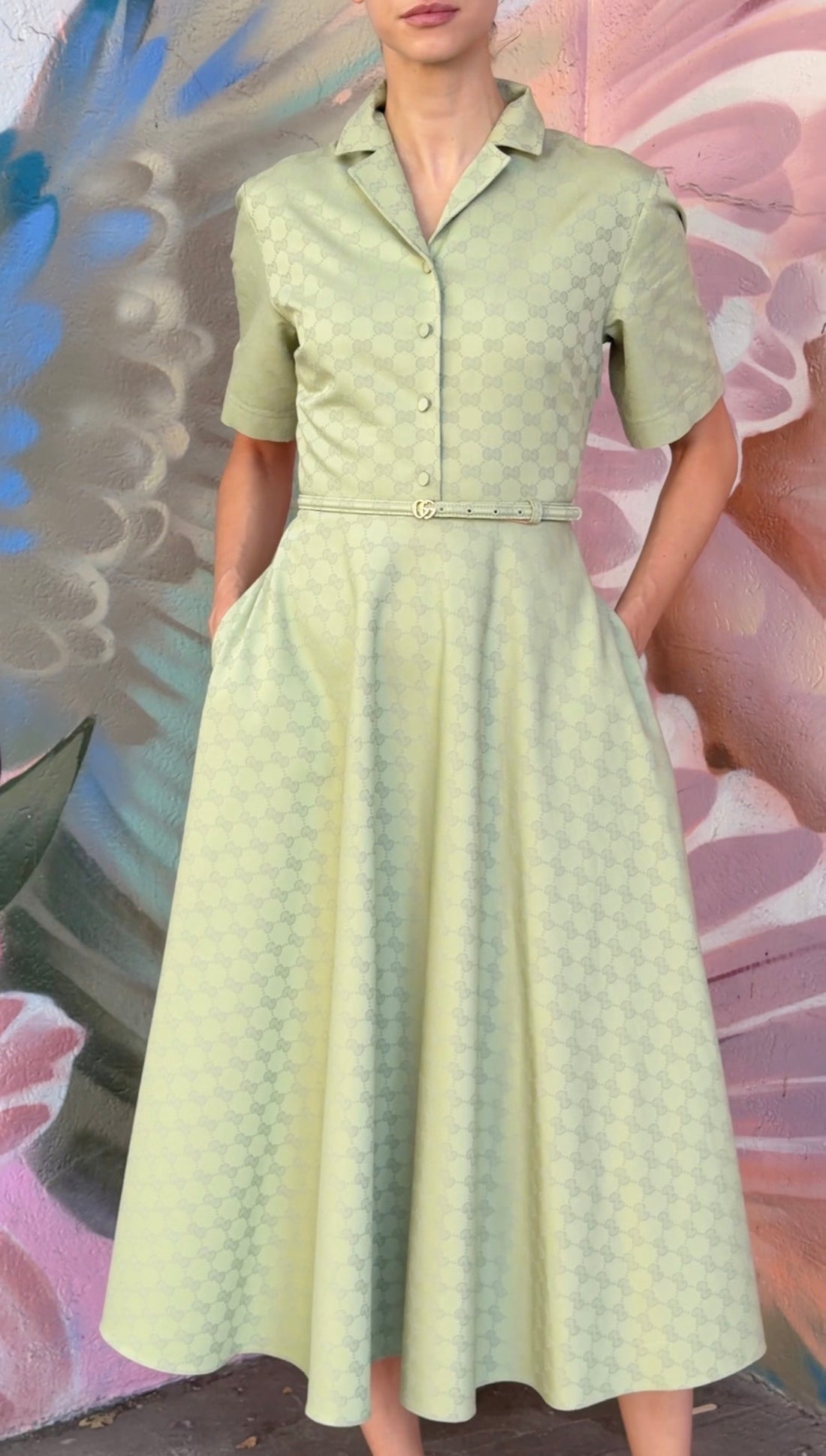 Gucci Green 2025 Gucci GG Monogram Cotton Gabardine Half Button Belted Shirt Dress - 42