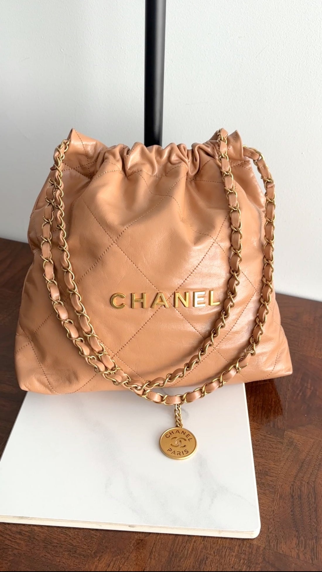 Chanel Medium Drawstring 22 Bag in Caramel and GHW