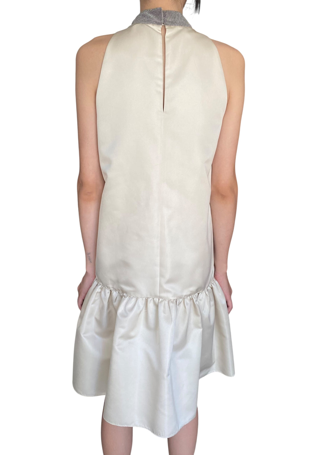 Brunello Cucinelli Ivory Monili Neck Satin Ruffle Dress - XL