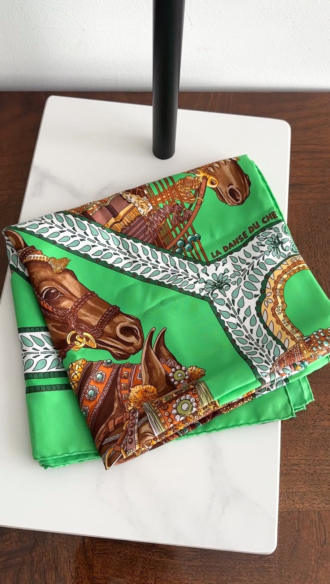 Hermes Green and brown La Danse du Cheval Marwari 90cm Silk Scarf