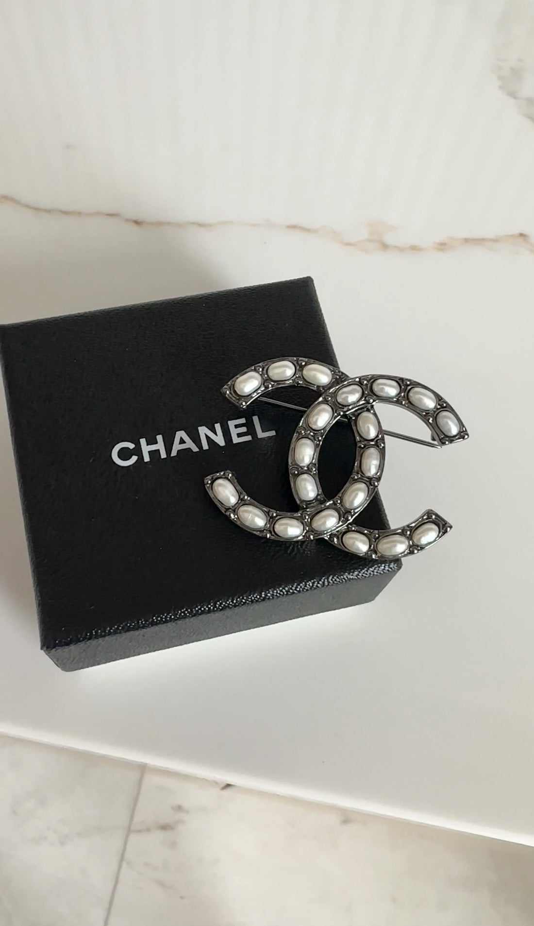 Chanel 12P Ruthenium Pearl CC Logo Brooch Pin