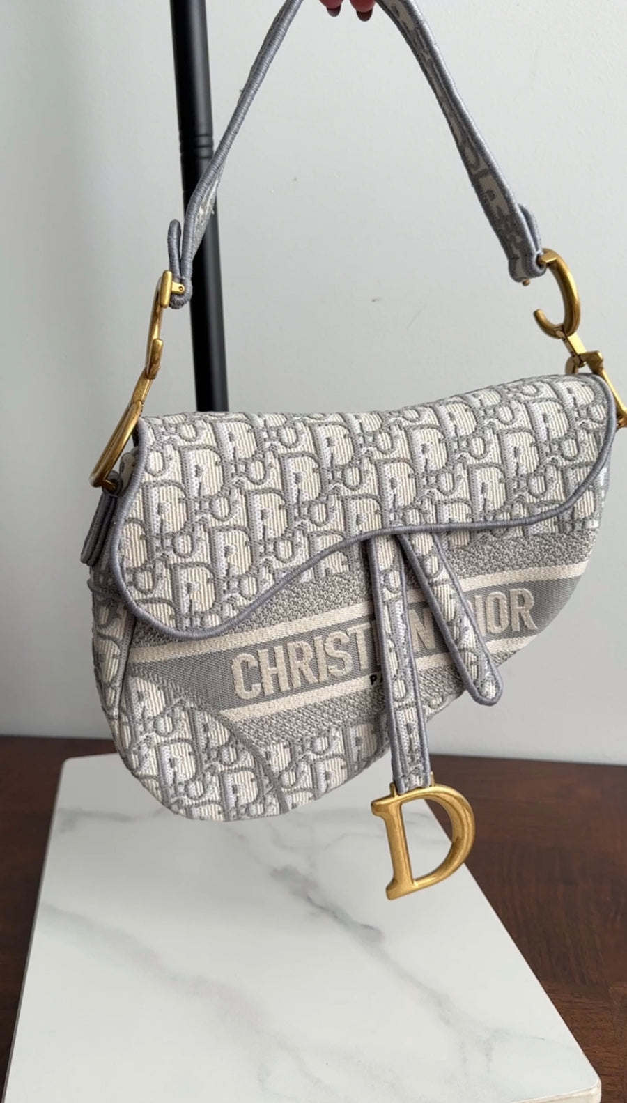 Christian Dior Large Light Grey Oblique Jacquard Saddle Bag