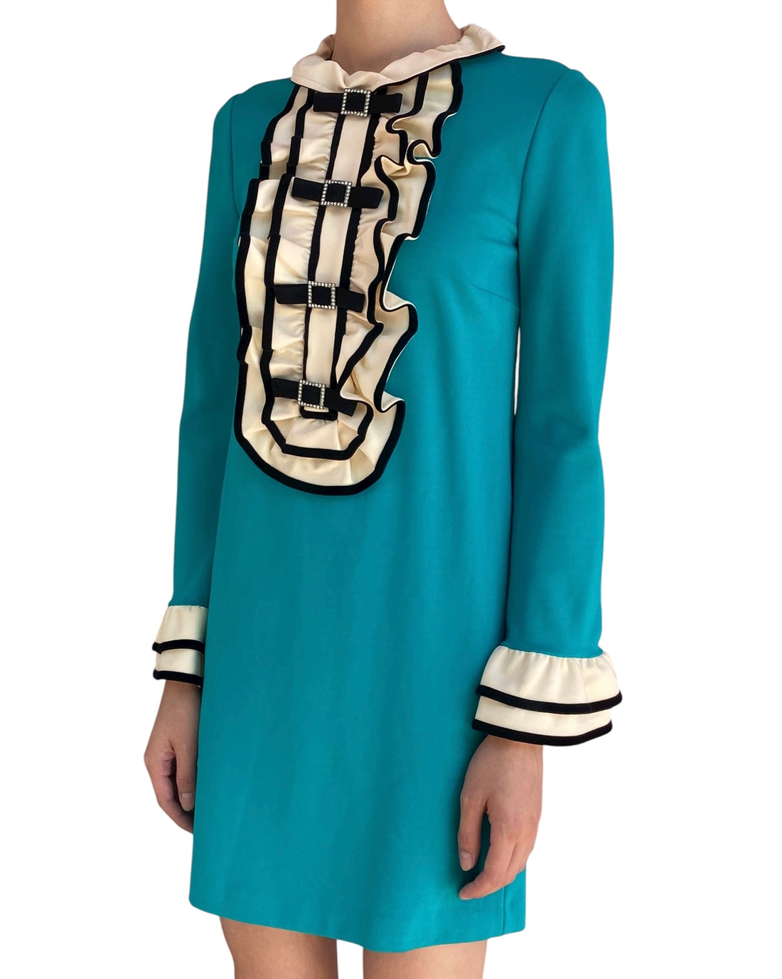 Gucci Turquoise 60’s Style Ruffled-Bib Cat Embroidered Dress