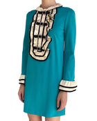 Gucci Turquoise 60’s Style Ruffled-Bib Cat Embroidered Dress - L