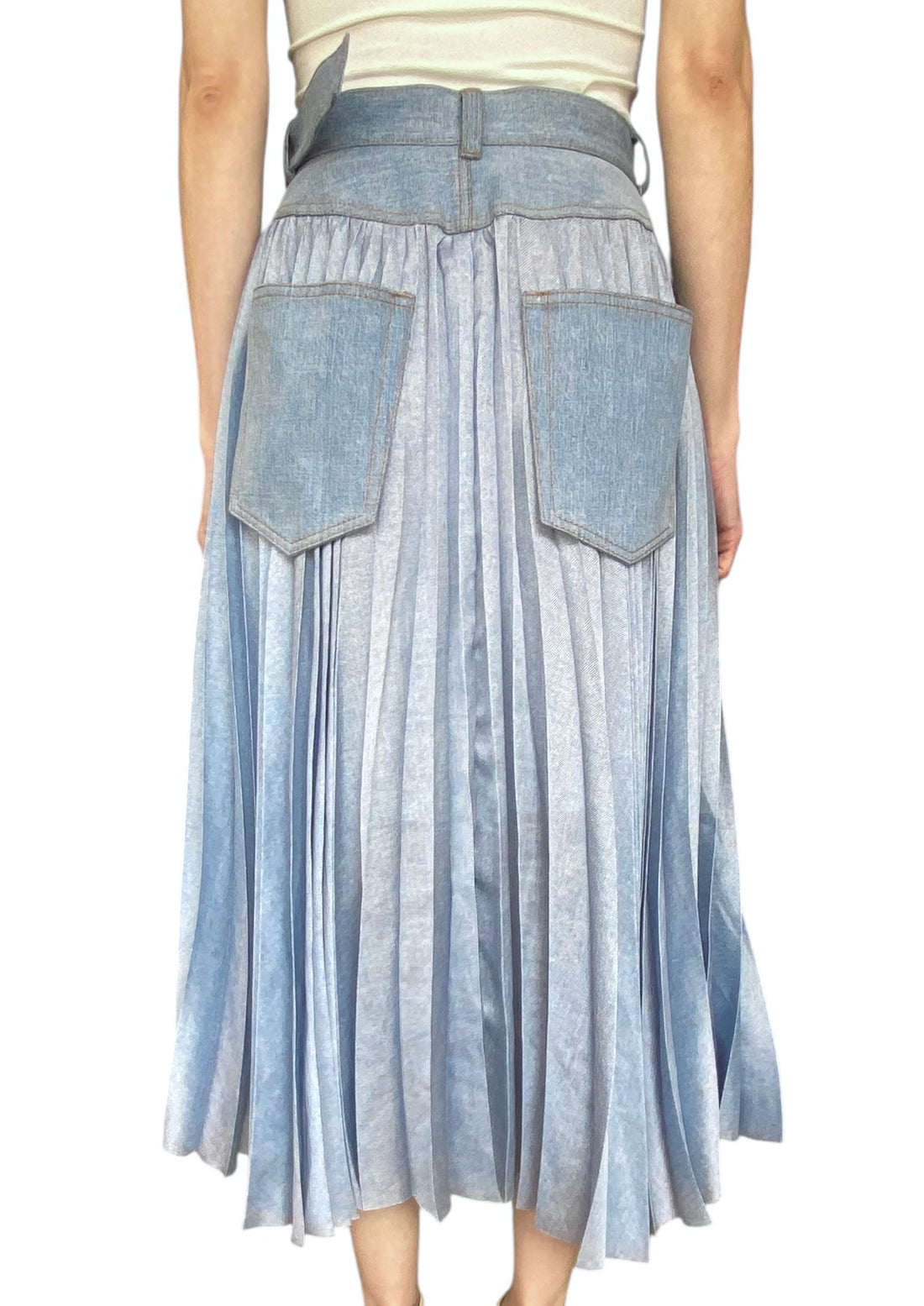 Sacai Blue Denim Pleated Belted Midi Skirt - JP 2 / US 6