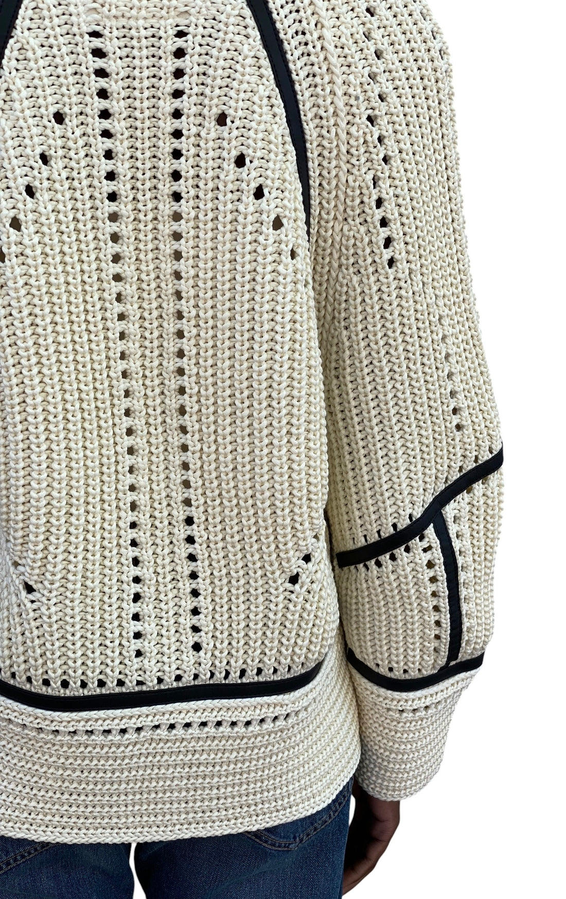 Ermanno Scervino Ivory & Black Leather Trim Cotton Knit Cardigan - S