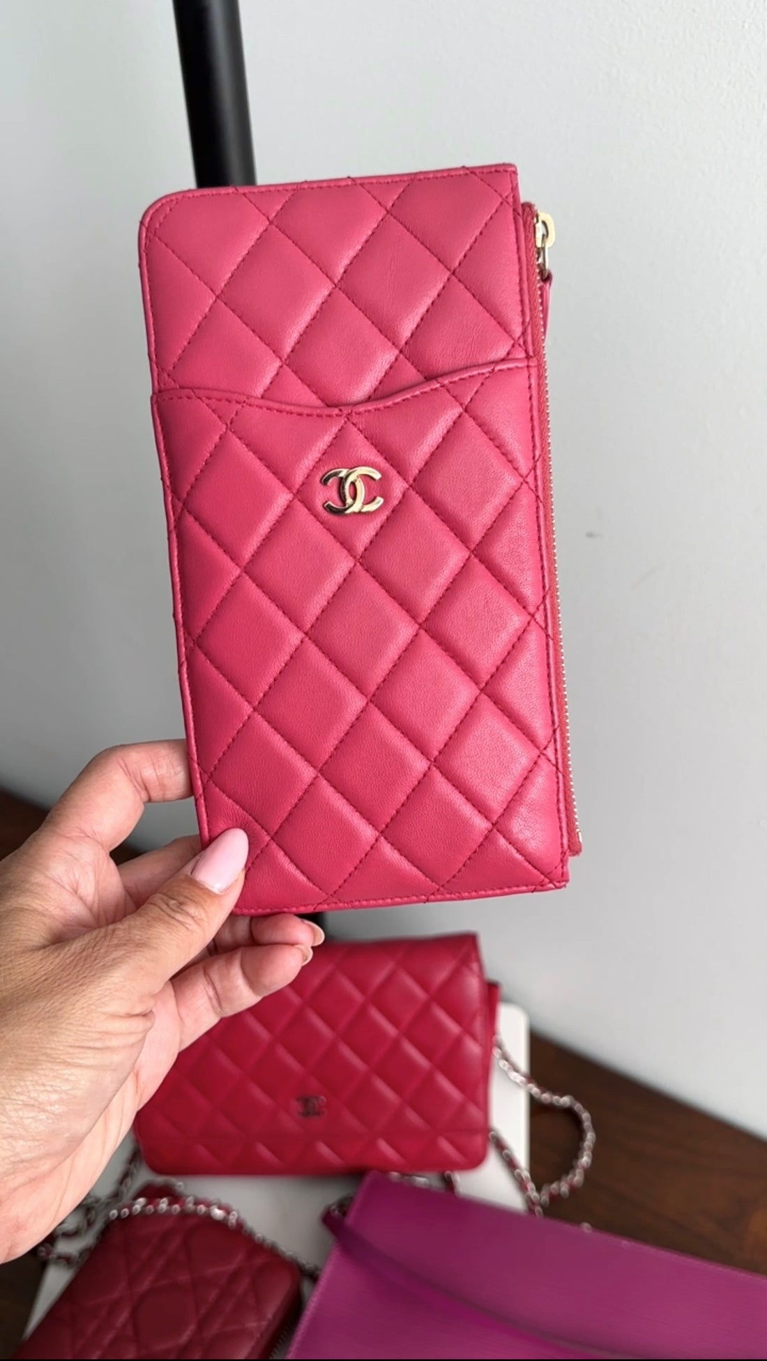 Chanel Cherry Pink Quilted Leather Timeless Zip Wallet