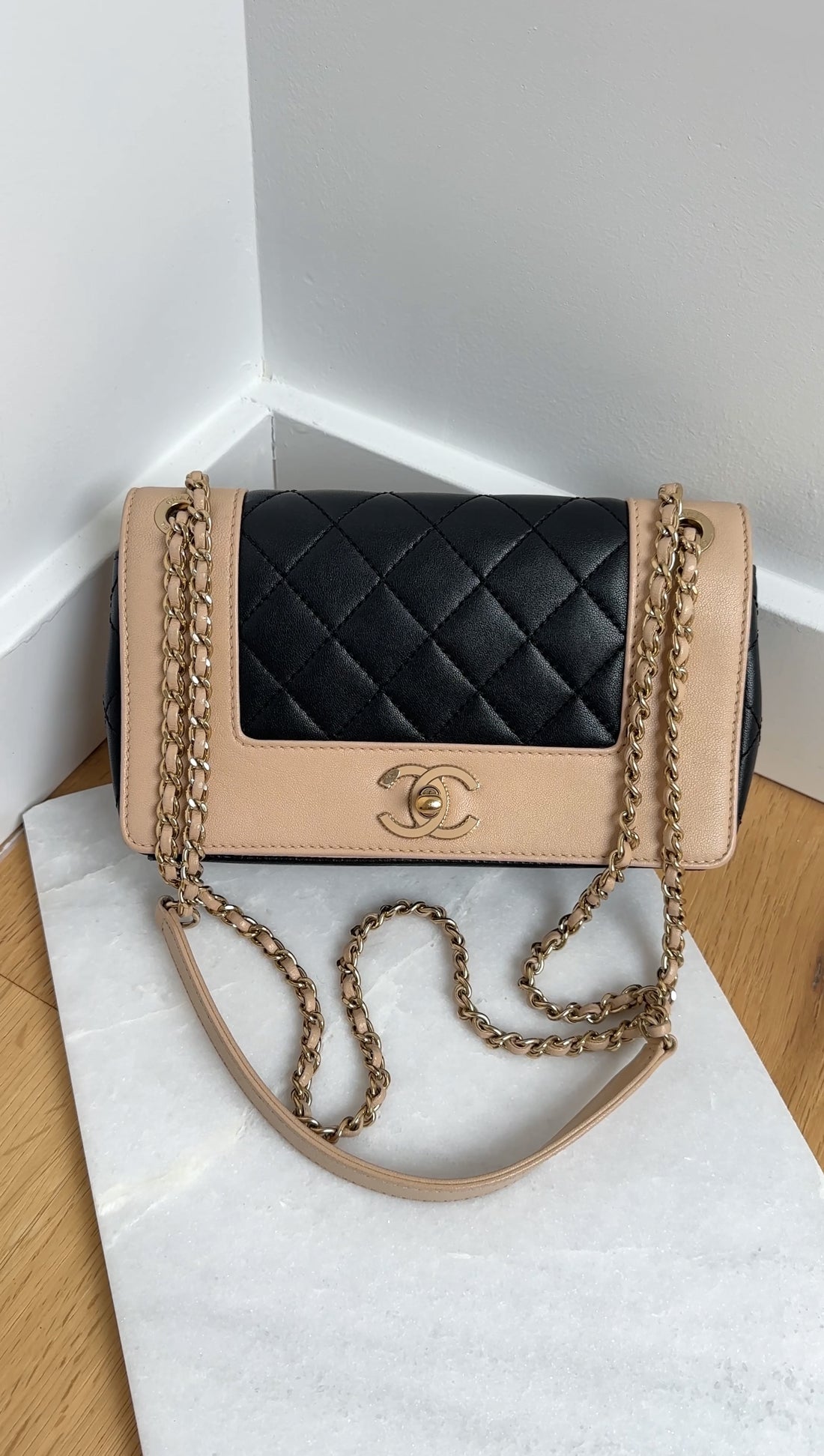 Chanel Mademoiselle Vintage Beige and Black Small Full Flap Bag