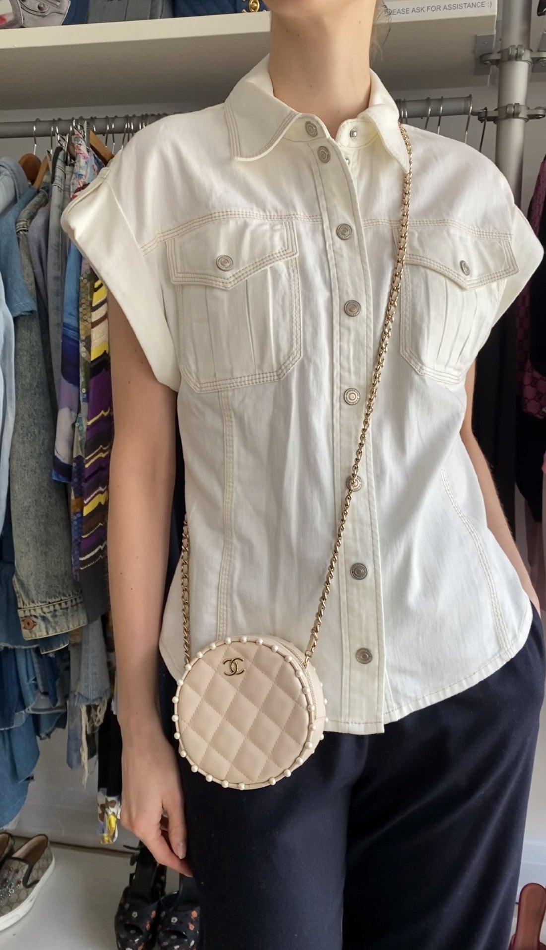 Chanel Light Beige Leather Mini Quilted Round Pearl Trim Crossbody Bag