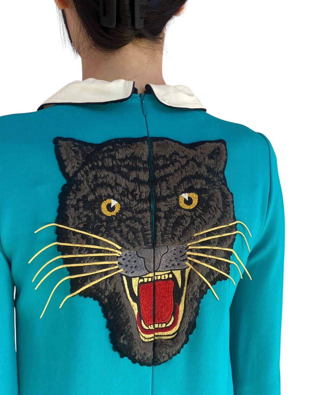 Gucci Turquoise 60’s Style Ruffled-Bib Cat Embroidered Dress - L