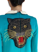 Gucci Turquoise 60’s Style Ruffled-Bib Cat Embroidered Dress - L