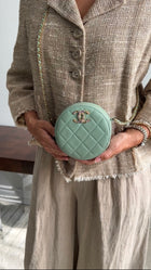 Chanel Mint Green Quilted Leather CC Strass Mini Round Clutch Bag