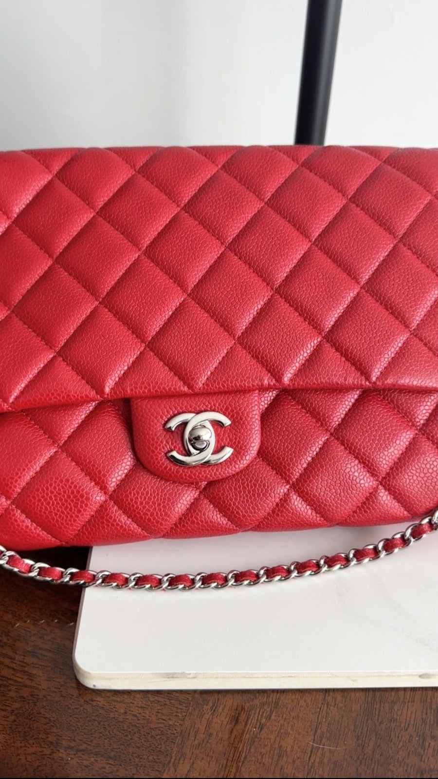 Chanel Red Caviar Leather Quilted Classic Timeless Chain Flap Bag