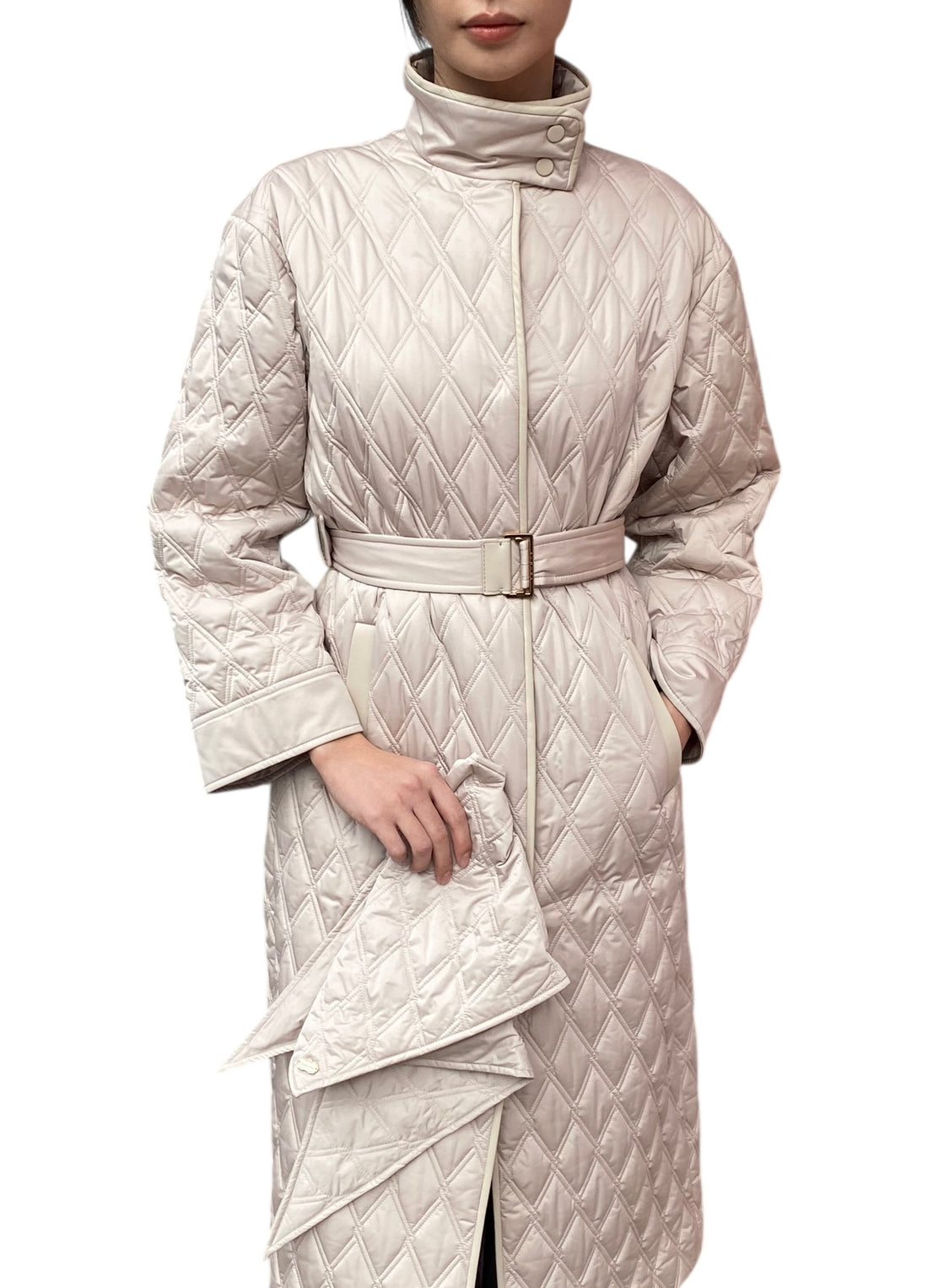 Agnona Ecru Quilted Padded Long Coat with Scarf - 40 / US 6