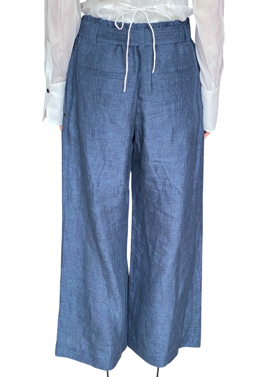 Brunello Cucinelli Blue Linen Belted Wide Leg Trousers - IT 42 / US 6