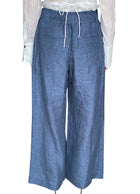 Brunello Cucinelli Blue Linen Belted Wide Leg Trousers - IT 42 / US 6