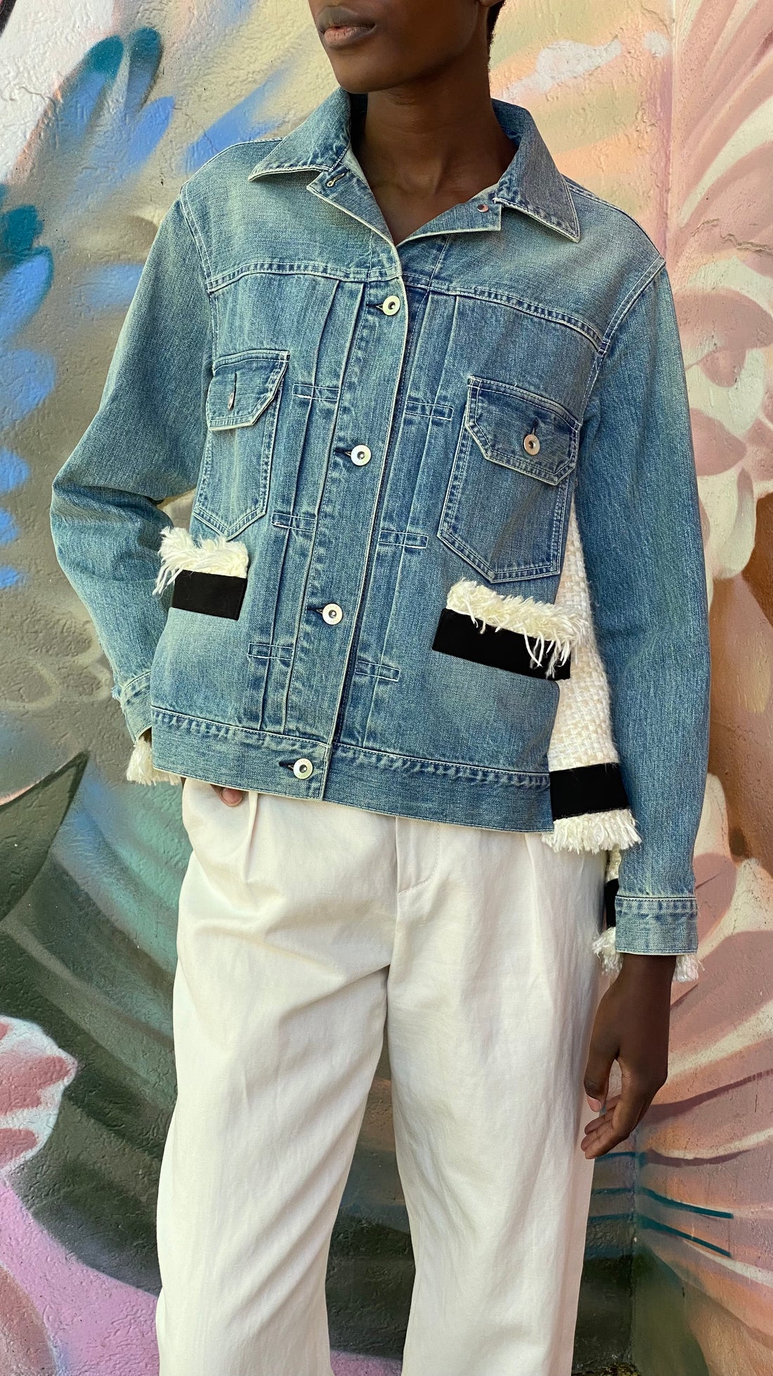 Sacai Blue & Ivory Denim Tweed Combo Jacket - JP 1 / S / US 4-6