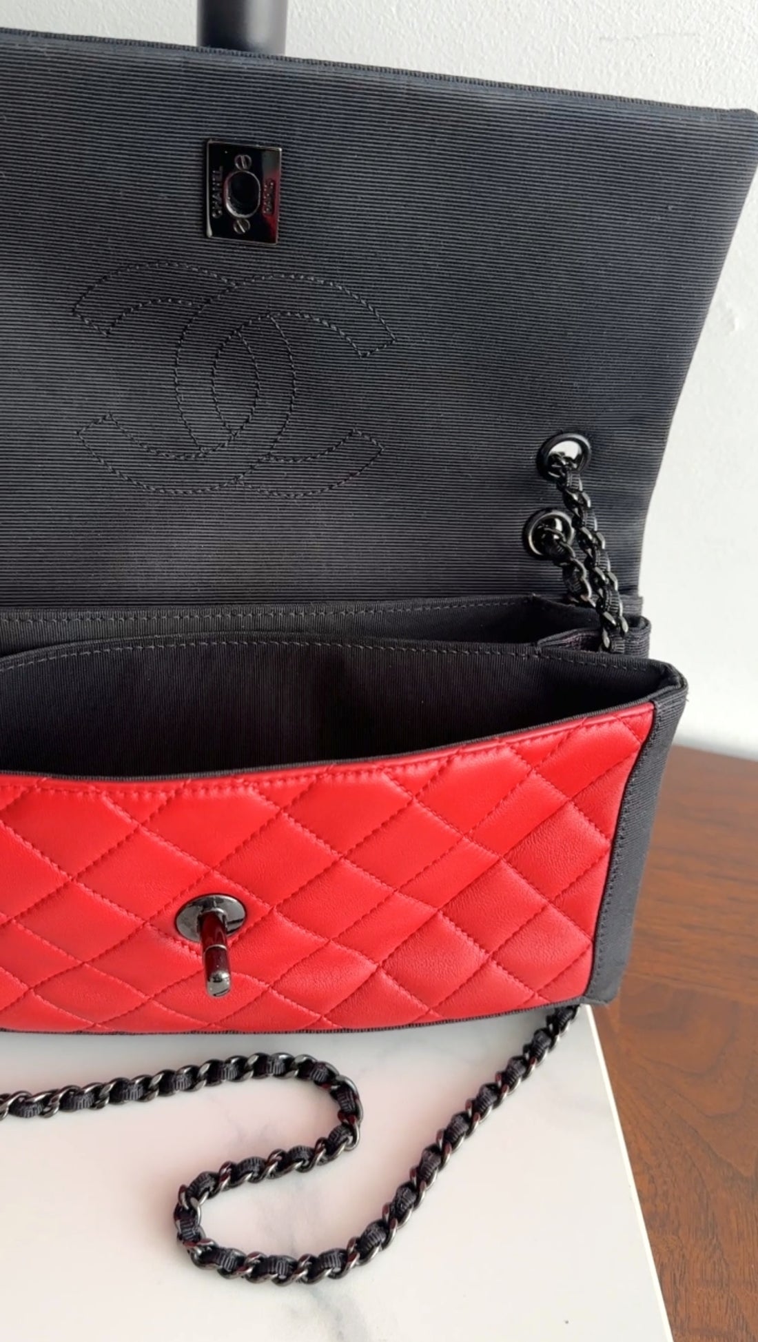 Chanel Red Quilted Leather Grosgrain Trim Chain Flap Bag