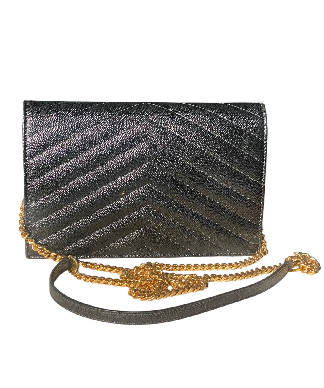 Saint Laurent Black Cassandre Grain de Poudre Chevron Wallet on Chain