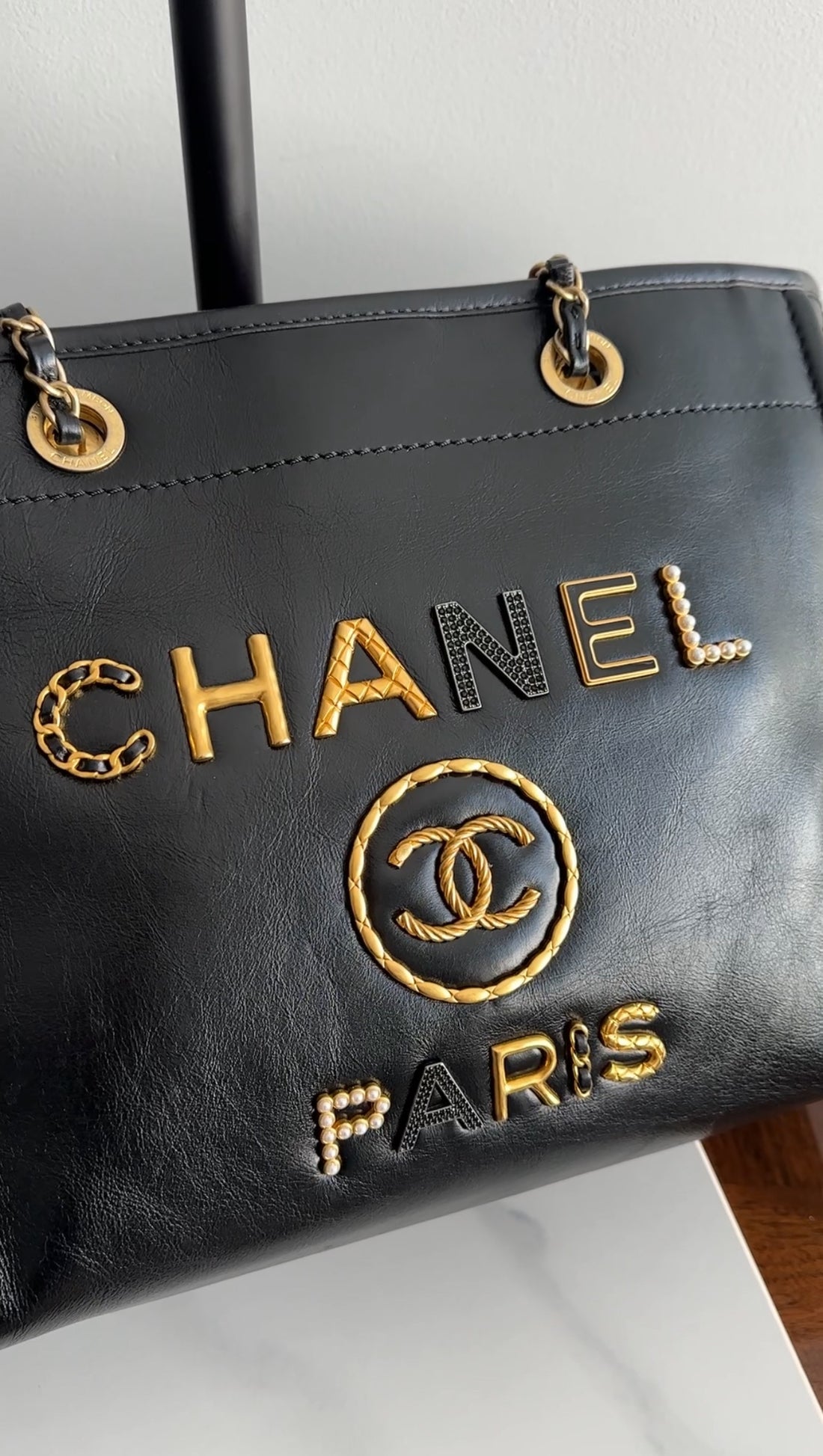 Chanel Black Leather Small Charms Deauville Tote Bag