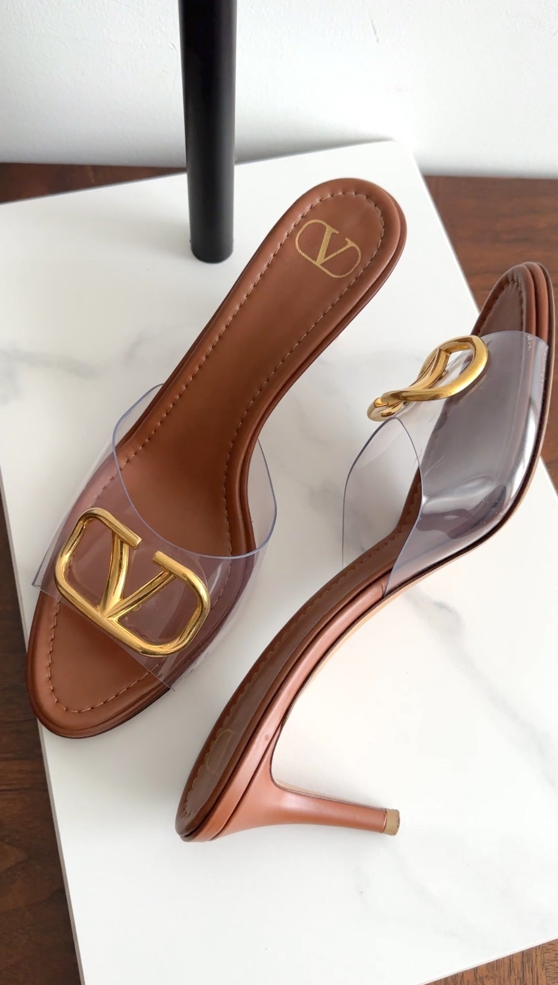 Valentino Brown Leather and Clear Vinyl V Logo Mules - 40