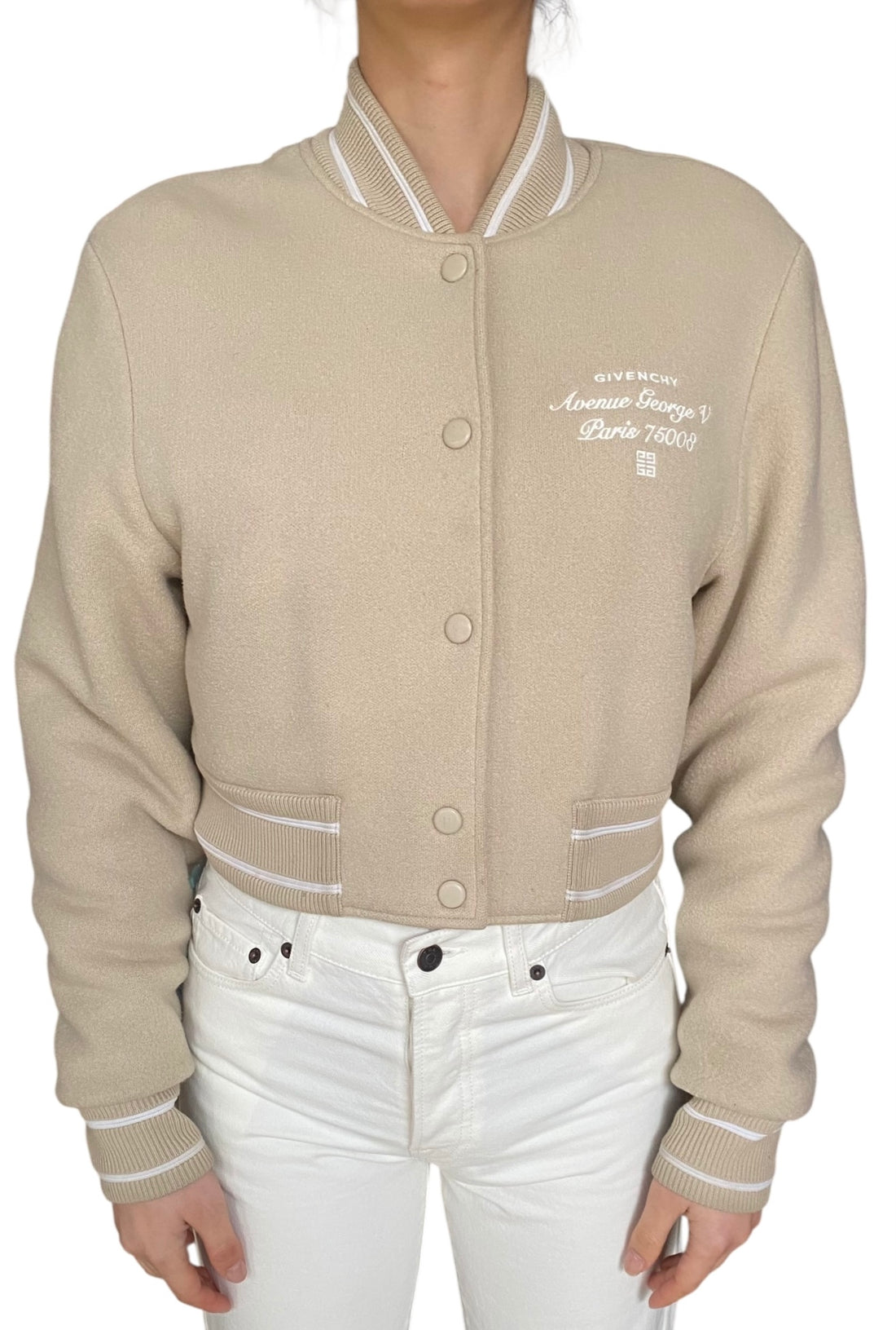 Givenchy Beige Wool Logo Embroidered Varsity Bomber Jacket - S / US 4-6
