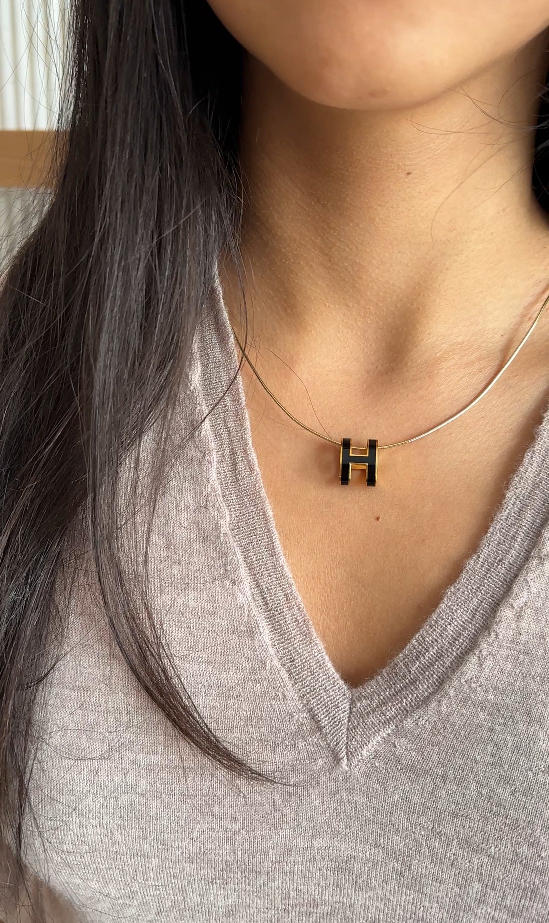 Hermes Black Enamel Goldtone Pop H Pendant Necklace
