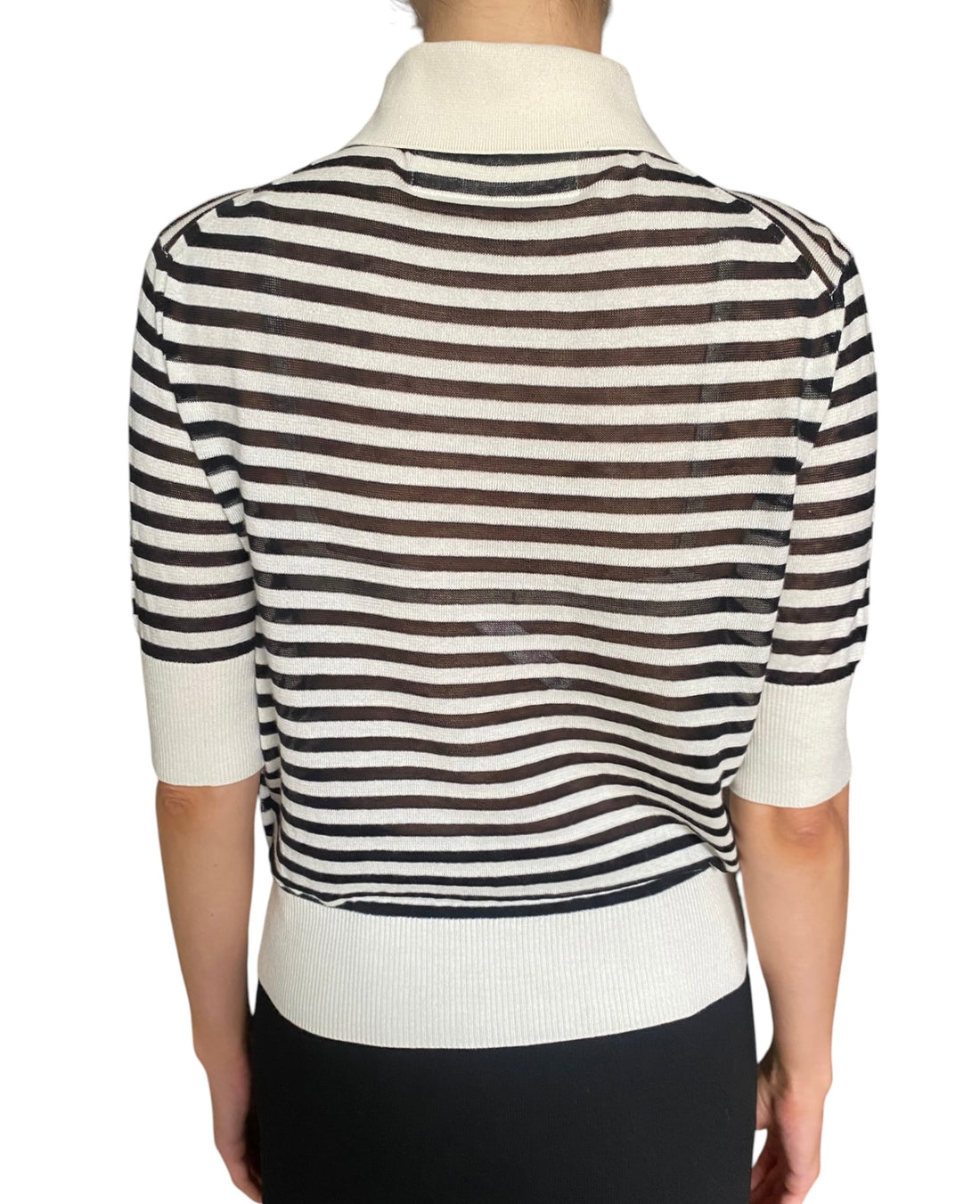 Ermanno Scervino White & Black Striped Lace Cashmere Blend Short Sleeve Polo - IT 44 / US 6-8