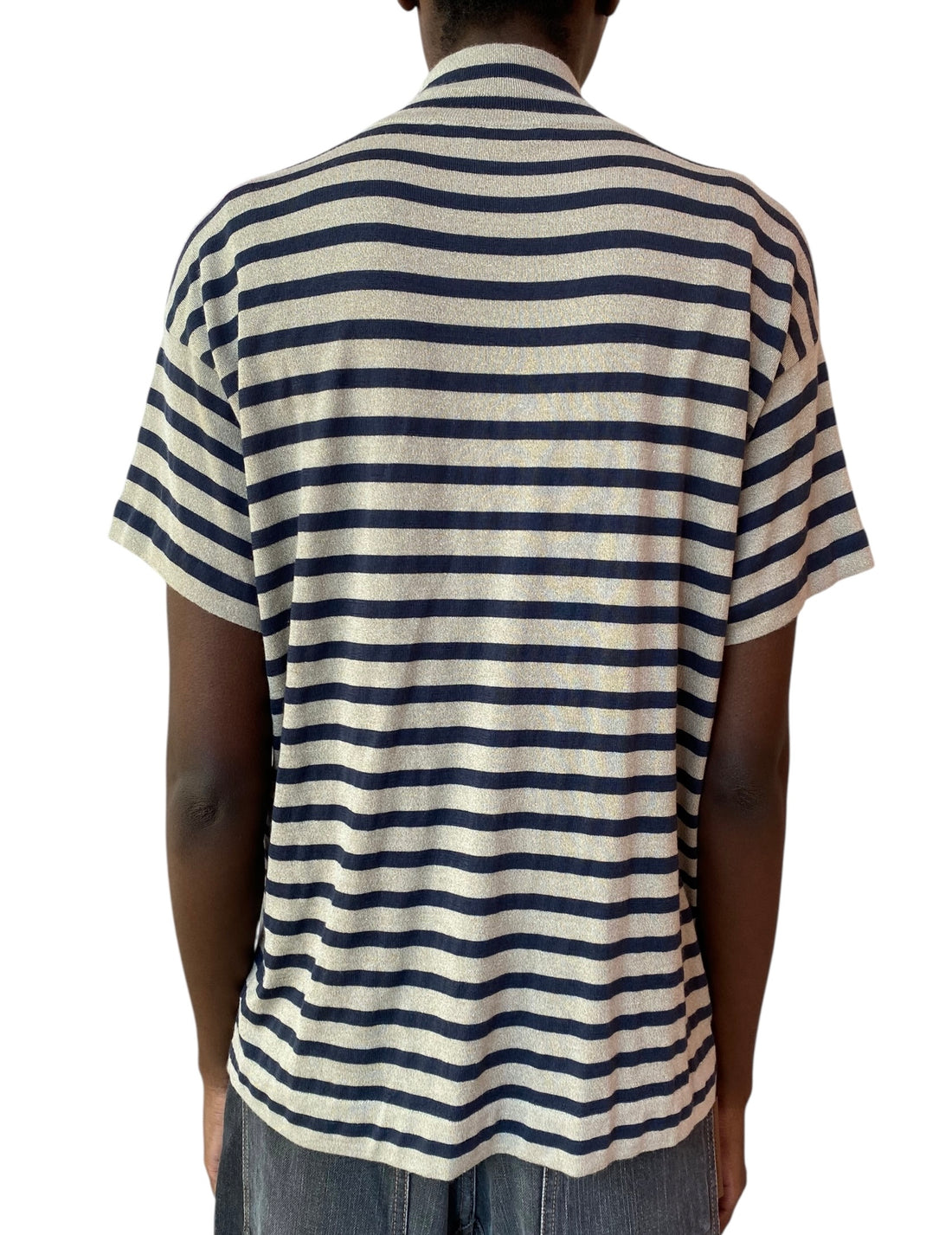 Brunello Cucinelli Navy and Beige Shimmer Stripe Turtleneck Top - M