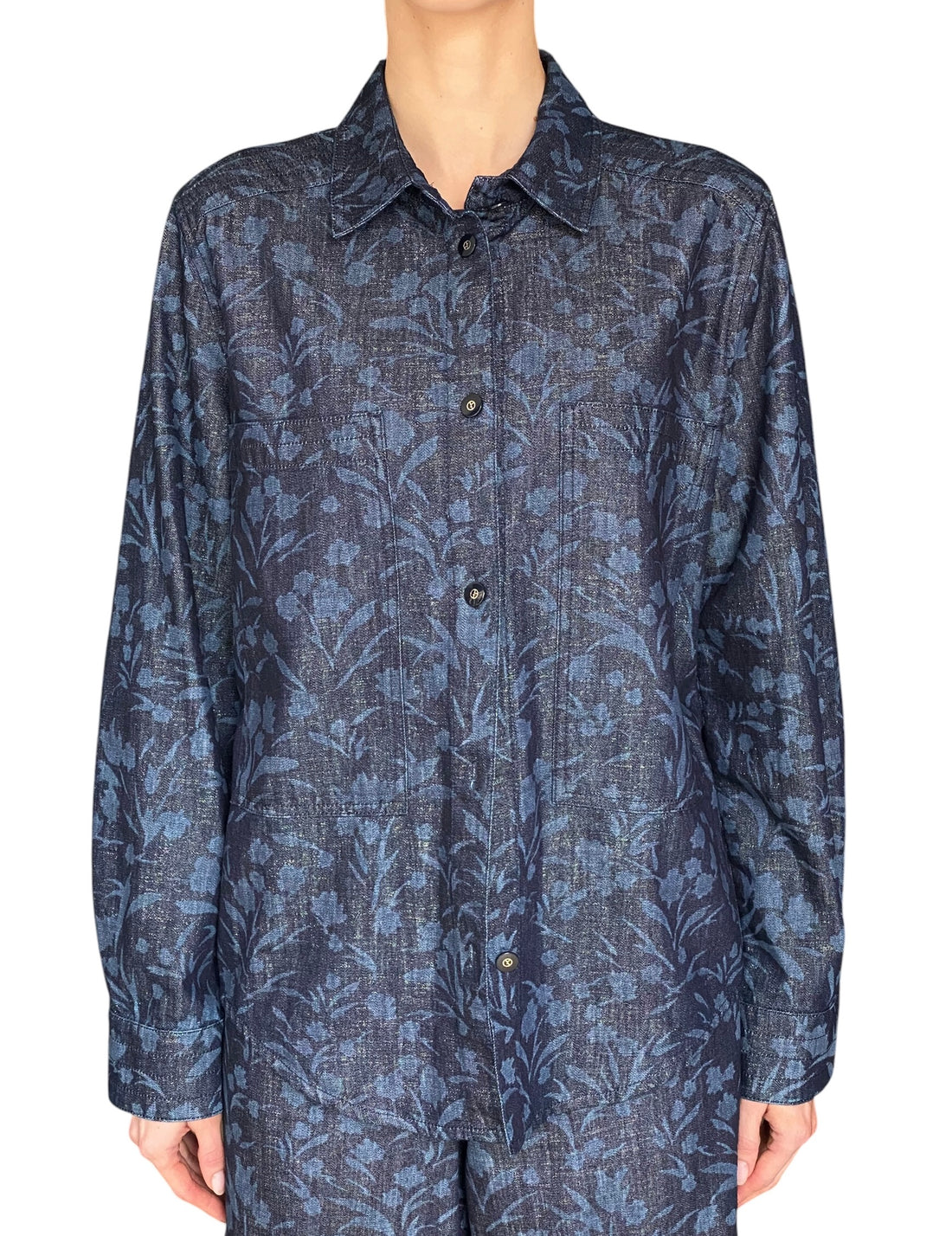 Giorgio Armani Navy Floral Printed Metallic Denim Long Sleeve Shirt - IT 44 / US 8-10