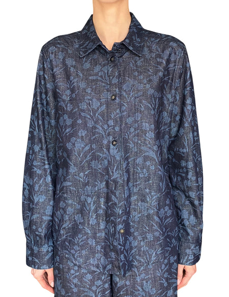 Giorgio Armani Navy Floral Printed Metallic Denim Long Sleeve Shirt - IT 44 / US 8-10