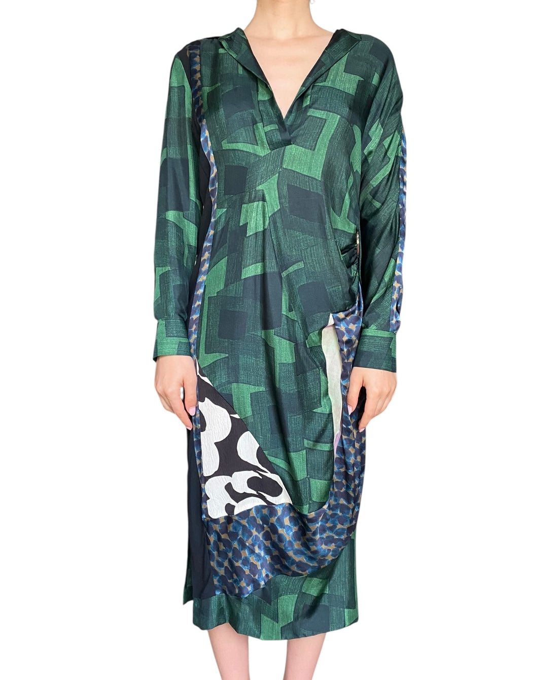 Dries Van Noten Green Silk Geo Print Maxi Dress - 38 / US 6-8