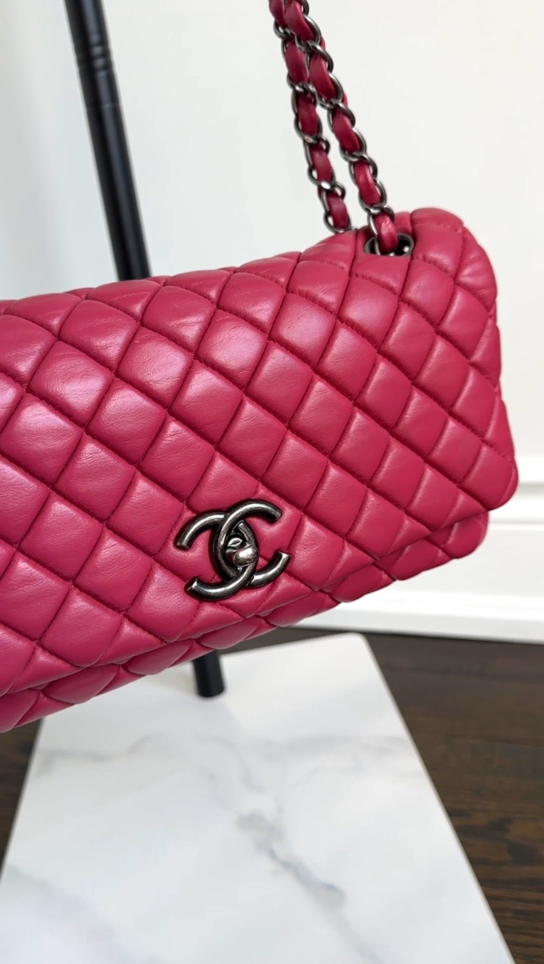 Chanel Fuchsia Pink Calfskin Bubble Quilt Medium Flap Bag