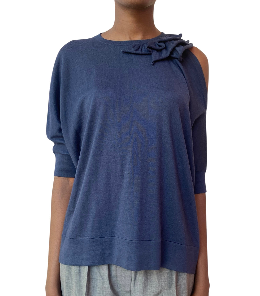 Brunello Cucinelli Navy Exposed Ruffle Shoulder Knit Top - L