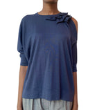 Brunello Cucinelli Navy Exposed Ruffle Shoulder Knit Top - L