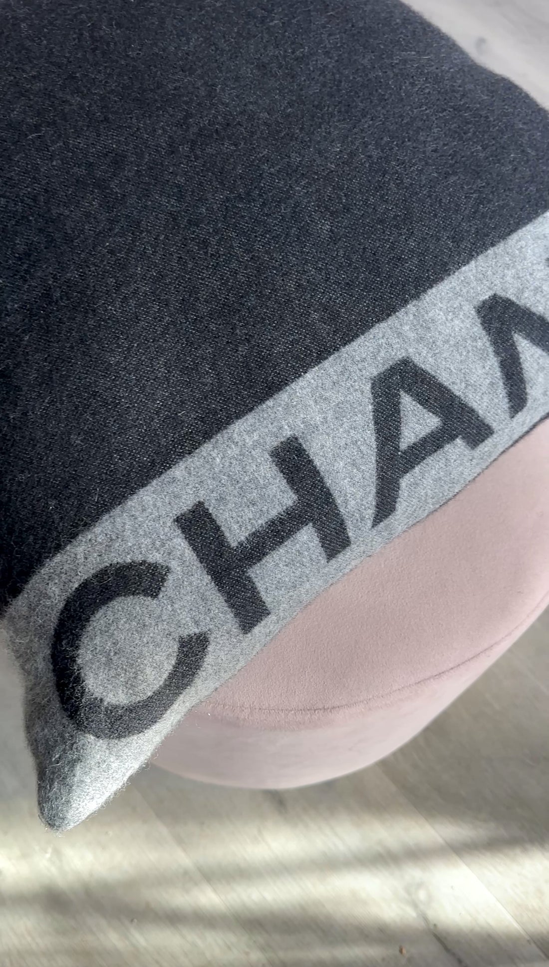 Chanel Charcoal Grey and Black Spellout Logo CC Pillow and Throw Blanket Set